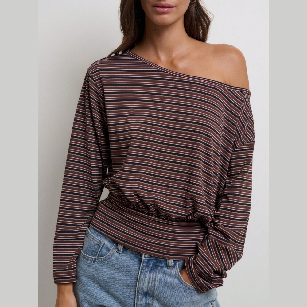 Brown Striped Asymmetrical One Shoulder Knit Top
